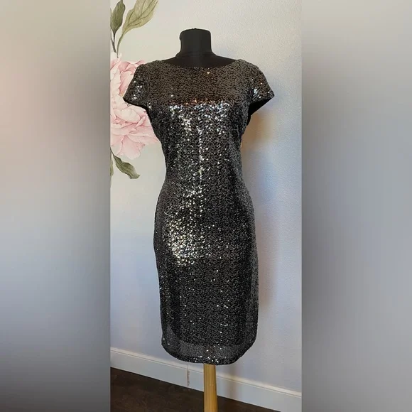calvin klein black sequin dress Calvin Klein Black Sequin Dress Womens Small Pallette Disc Tank Cocktail  New